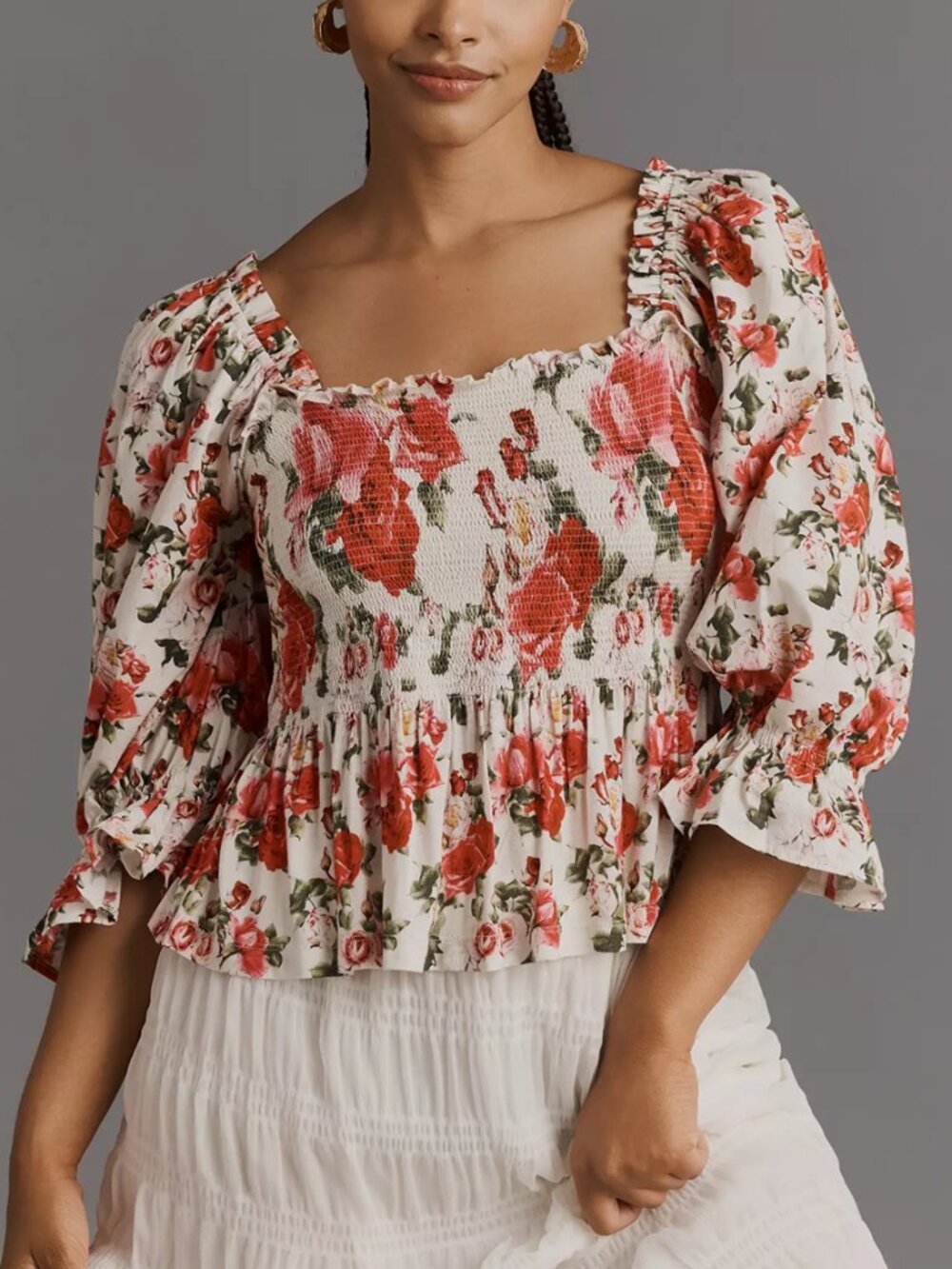 Anthropologie Conditions Apply Smocked Sweetheart Blouse Red 3X